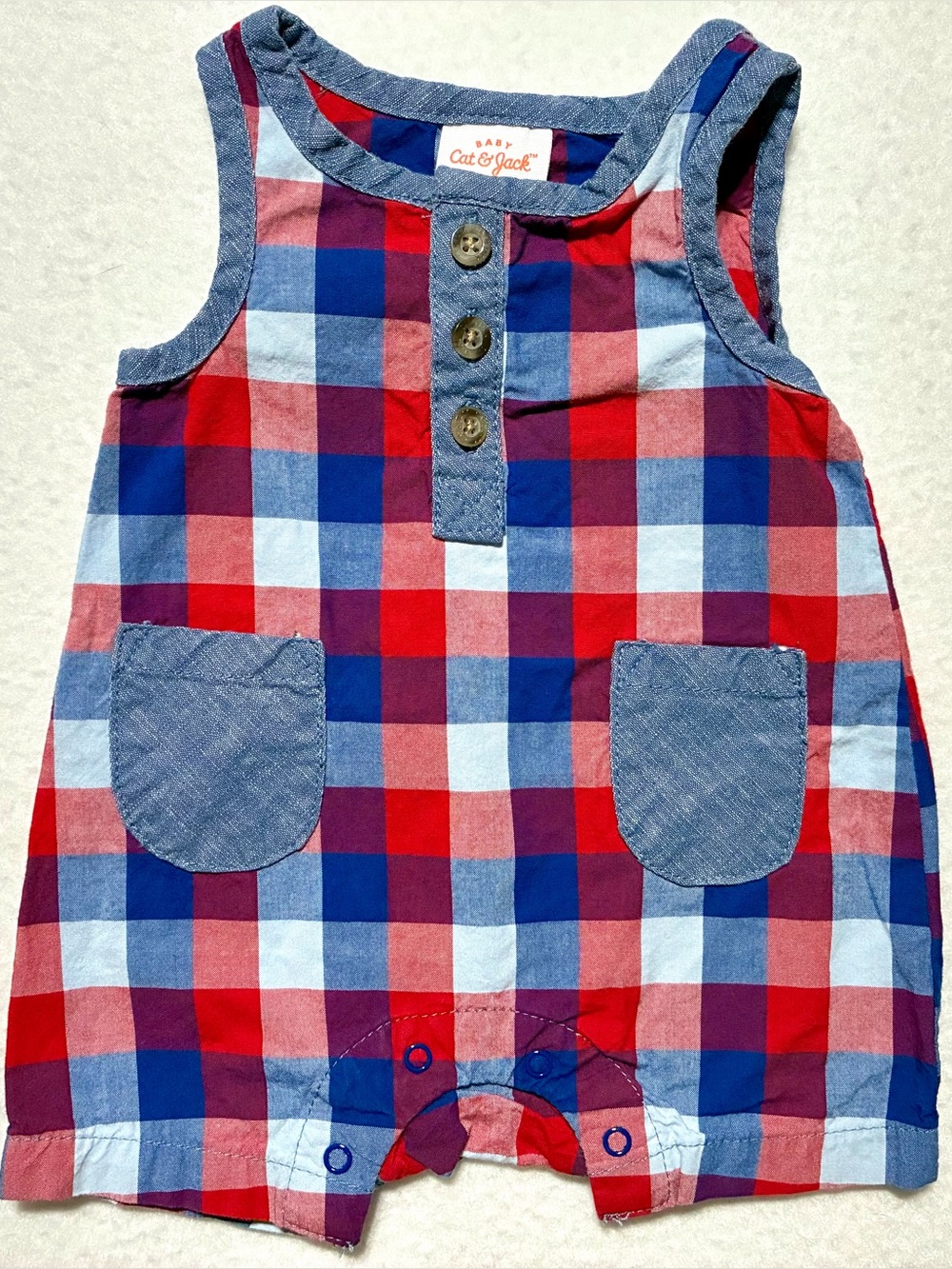 Cat &Jack Baby One Piece Summer Romper Gingham Print Red White And Blue Size NB